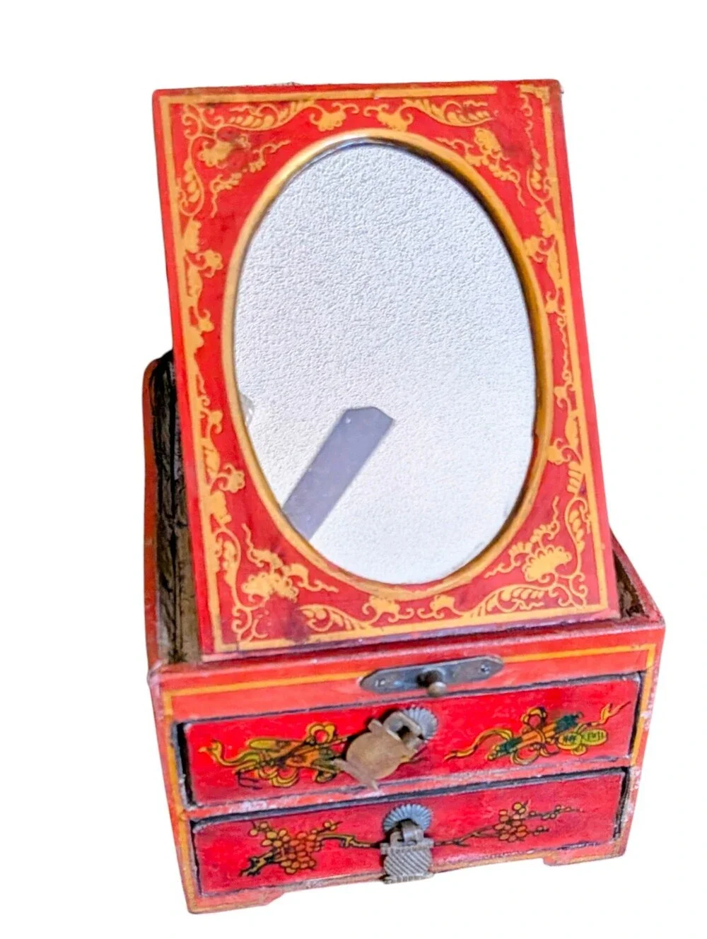 Vintage Antique Chinese Red Jewelry Box Folding Vanity Mirror 2 Drawers